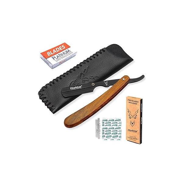 MARKHOR® Straight Razors for Men with Leather Pouch & Replaceable Blades | Premium Quality Rose Wood Barber Razor Blade, Single Blade Razor, Edge Razors, Navajas Para Barbero