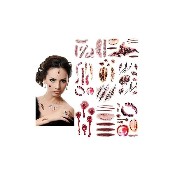 Face Body Horror Realistic Fake Scar Scab Waterproof Temporary Tattoos Sticker Halloween Fool's Day Zombie Masquerade Prank Makeup Props for Kids Adult Fun (8 Sheets)