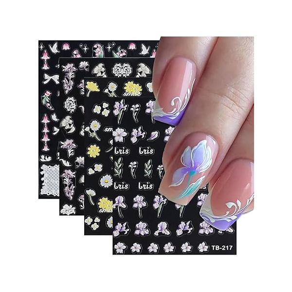 Flower Nail Art Stickers Summer Floral Decals White Color Heart Daisy Pink Accessories Decorations for Women Girls 6Pcs