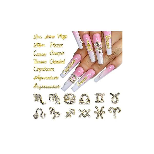 JERCLITY 48 Pieces Gold Silver Alloy Zodiac Nail Charms Signs Studs Constellation Words for Nails Twelve Set Women Girls