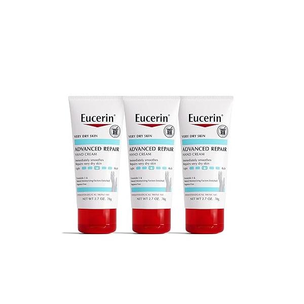 Eucerin Advanced Repair Hand Cream, Immediately Soothes and Repairs Very Dry Skin, Fragrance Free, Non Greasy, Fast Absorbing, Travel Size Lotion, 2.7 Oz Tube, Pack of 3