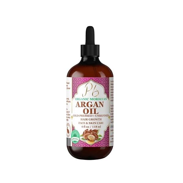 Organic Moroccan Argan Oil - 100% Pure Cold-Pressed Virgin for Hair, Skin, Face, Scalp & Body Natural Moisturizer, Hair Treatment, Glass Bottle 4 fl oz