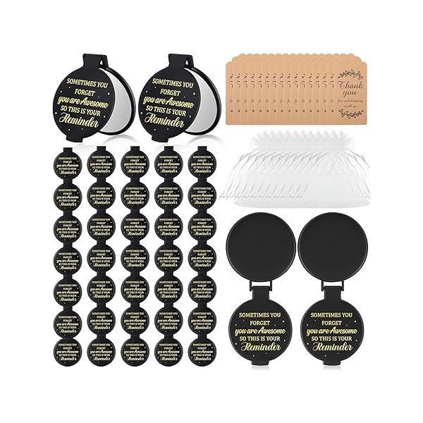 Geetery 50 Sets Inspirational Compact Mirror Bulk Employee Appreciation Gifts Round Makeup Personal Purse Pocket Mini with Thank You Tags and Organza Bags for Women Coworker Teacher