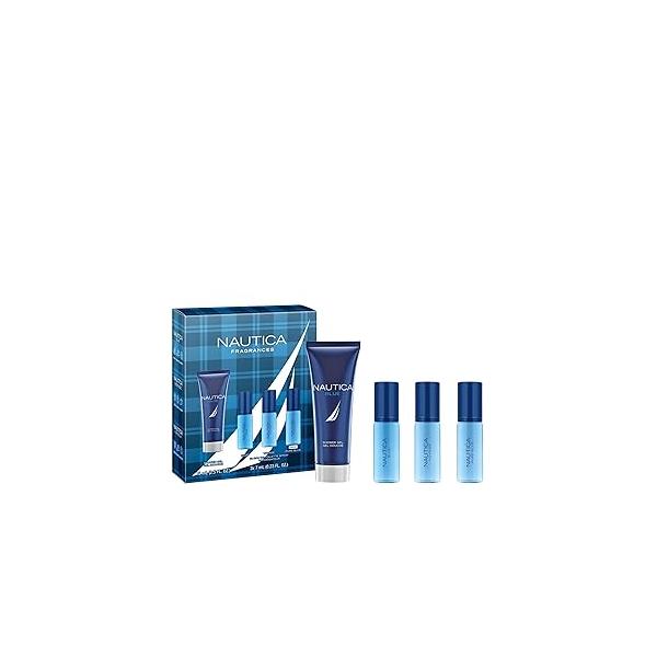 Nautica Blue, Voyage, and Pure Blue 4 Piece Gift Set, Notes of Basil, Jasmine, Cedarwood, Men's Fragrance, Long Lasting, Everyday Fragrance