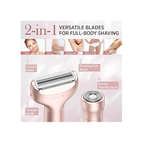 Electric Razor for Women Body: Rechargeable Painless Shaver Bikini Face Body Legs Underarms - 3-in-1 Blade and Rotary Shaving Head (Honey Gold)