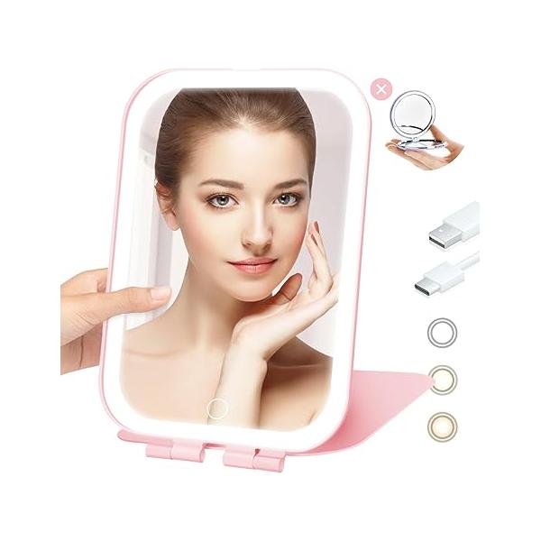 Travel Mirror with Light, Rechargeable Portable Makeup Battery-Powered, 3 Colors LED Lighting, Dimmable Touch Screen Vanity Lighted