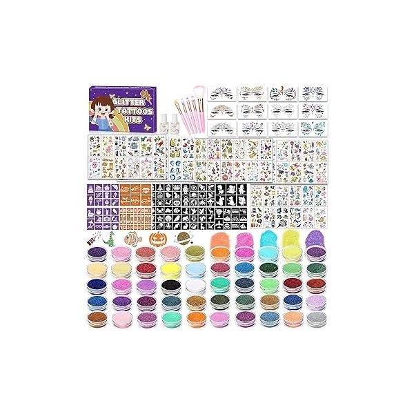 TEUVO Kids Glitter Tattoo Kit with 50 Colors Glitter, 128 Stencils, 12 Face Jewel Stickers, 5 Brushes, 2 Glue, 300+ Mixed Style Temporary Tattoos Stickers for Halloween Christmas Birthday Carnival