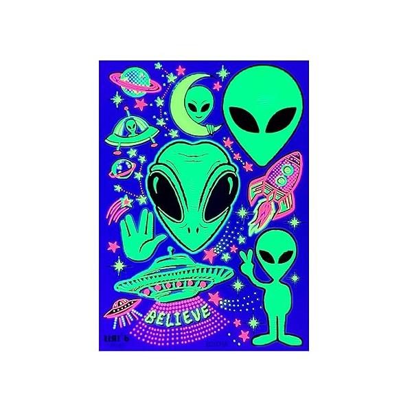 Temporary UV Blacklight Reactive Tattoos - 1 Sheet Alien UFO Design Body Art Festival Accessories Glow in the Dark Party Supplies | 7.2” x 5.2” Temp Great for EDM EDC Rave Parties
