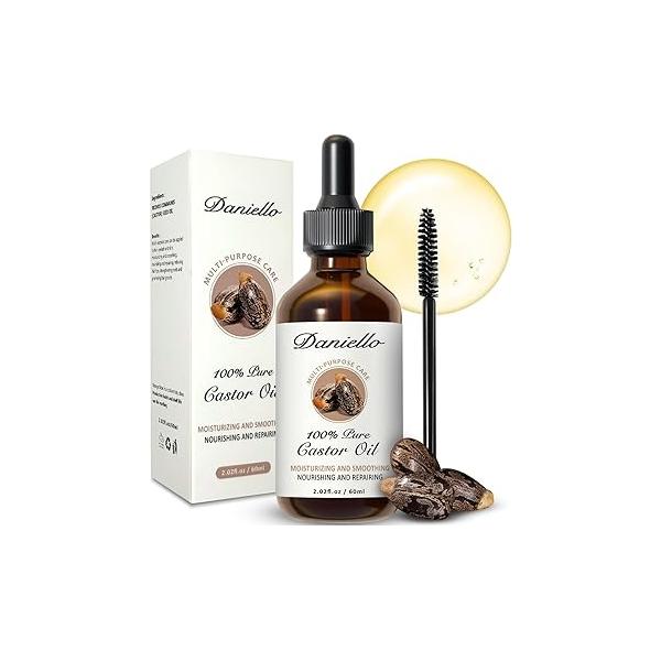 Daniello 100% Pure, Organic Castor Oil, Cold Pressed (2oz) Hexane Free in Glass Bottle. Fast Absorbing, for Hair, Eyebrows, Eyelashes, Nails and Beards. Stimulates Growth Natural Skin Moisturizer
