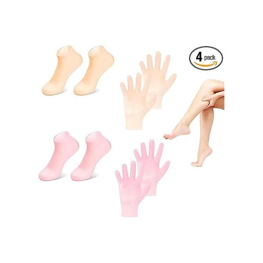 4 Pairs Silicone Moisturizing Glove Socks Set for Dry Cracked Feet and Hands, Anti Slip Spa Women Gel Pedicure Foot Hand Softening Care After