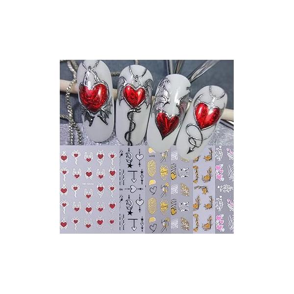 Valentine's Day Nail Art Stickers 6 Sheets Heart Decals 3D Self-Adhesive Decorations Moon Star Pattern Supplies Gold for Women Valentines Acrylic Accessories