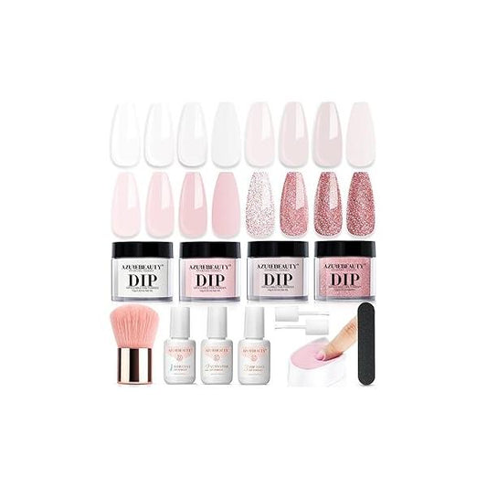 AZUREBEAUTY Dip Powder Nail Starter Kit White Mauve Glitter Champagne, Dipping 4 Colors Set, French Art Base Top Coat Activator Liquid Manicure DIY Salon 12 PCS
