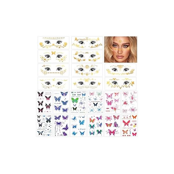 Konsait 22 Sheets Temporary Face Tattoos, Gold Tattoos Butterfly Adult Women Fake for Girls Halloween Body Festival Makeup Rave Accessories