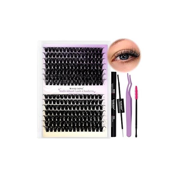 Lash Clusters Kit for Using at Home: Ultra-light, DIY, Natural, Fluffy, Wispy, Waterproof, Anime, Manga, Cat Eye, D Curl, 12-16mm, 80P+100P, Wendy, RT318