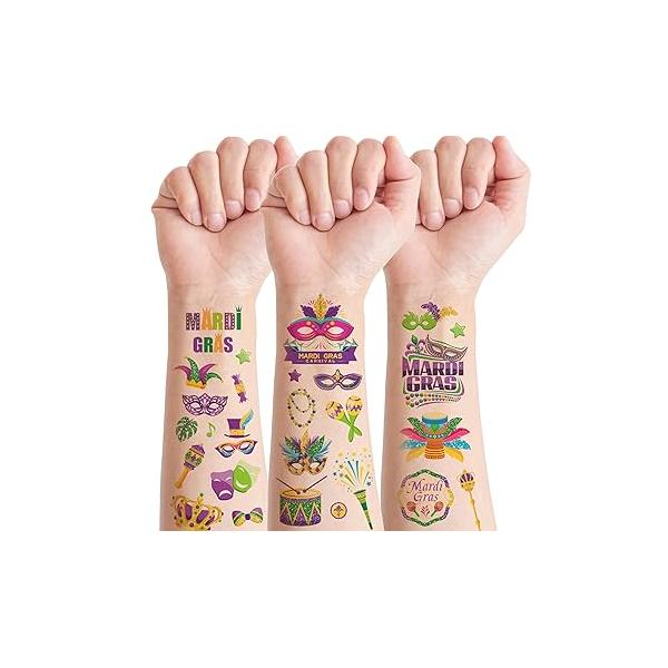 Konsait Mardi Gras Tattoos - 10 Sheets Glitter Temporary for kids Adults, Purple and Green Makeup Tattoos, Assorted Style Party Favors Accessories