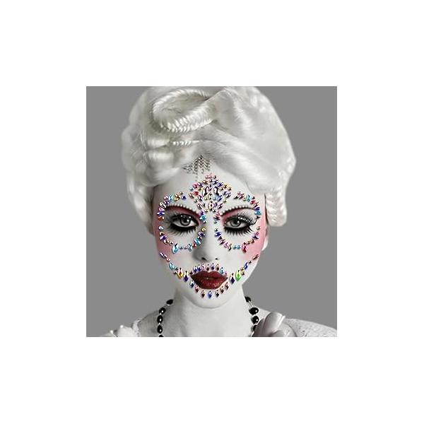 Day Of The Dead Temporary Tattoo Kit Skull Face Gems Jewels Tattoos Rhinestones For Men Women Kids Halloween Festival Rave Party Cosplay Makeup (White)