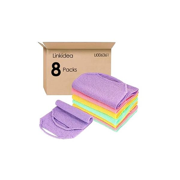 Linkidea 8 Pack Stretchable Pull Strap Exfoliating Towel Bulk Pack, Wholesale Multi-Pack Back Scrubber with Handles, Scrub Bath Washcloths, Deep Cleans Skin for Body Shower