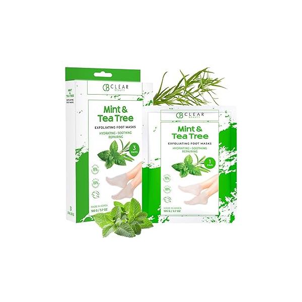 Mint & Tea Tree Foot Masks Moisturizing Socks - Exfoliating, Hydrating Revives Cracked Feet Dermatologist Tested, Clean Beauty Cruelty-Free Skincare 3 Pairs