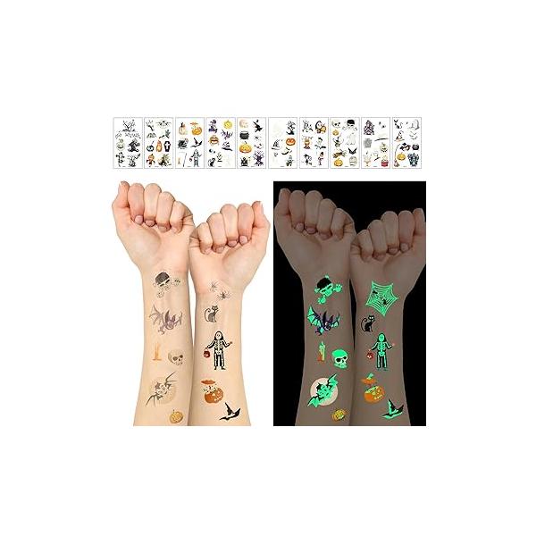 Luminous Halloween Temporary Tattoos - 10 Sheets Glow in the Dark Bulk Prizes for Treat or Trick Party Favor Goody Bag Stuffers