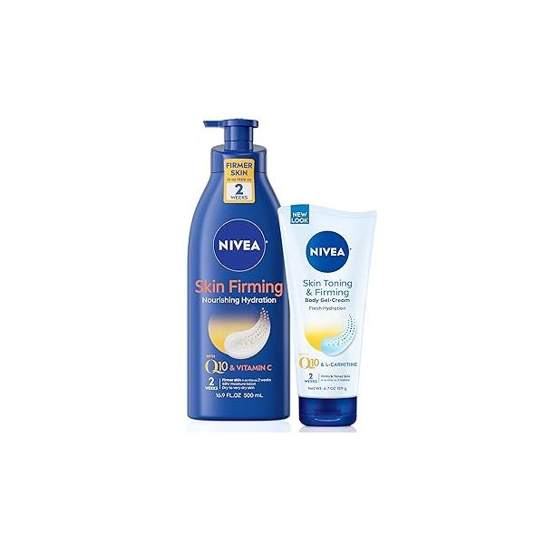 NIVEA Nourishing Hydration Skin Firming Body Lotion (16.9 Fl Oz) & Toning Gel Cream with Hyaluronic Acid (6.7 Oz), Enriched Q10 and Vitamin C
