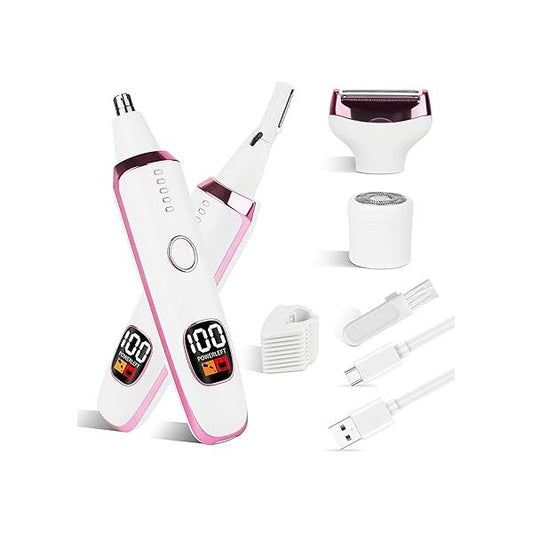 2025 Rechargeable Nose and Ear Hair Trimmer with LED Dispaly for Women Men,4 in 1 Painless Eyebrow & Facial Powerful Motor,Ladies Wet Dry Electric Razor (White)