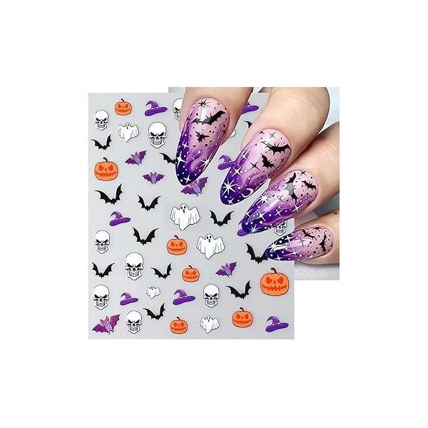 Halloween Nail Art Stickers Decals Self-Adhesive 3D Supplies 6 Sheets Ghost Spider Webs Pumpkin Horror Decoration for Women Girls Manicure DIY