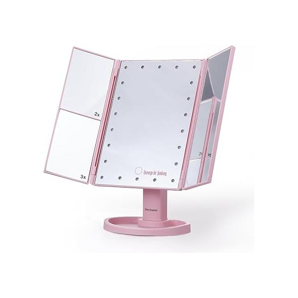 Juicy Couture - Tri-Fold LED Light-Up Vanity Mirror, Stylish and Tri -Fold Functionality, Makeup Mirror (Pink)