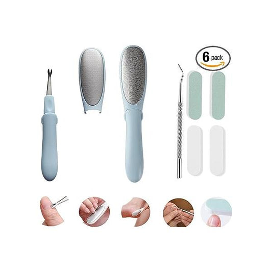 6 in 1 kit .Stainless Steel Nail Files,Small Size Foot Scrubber,Cuticle Pusher, Three-in-one Tool. 4pc Buffer.ingrown Lifter Cleaner Tool.Compact, Suitable for Travel