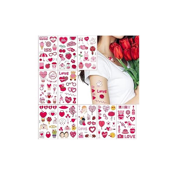 Valentine's Day Temporary Tattoo Tattoos for Women Men Boys Girls Body Art Decoration Flower Lips Heart Balloon Gifts Stickers Sticker Couple's Favors Supplies(10 Sheets)