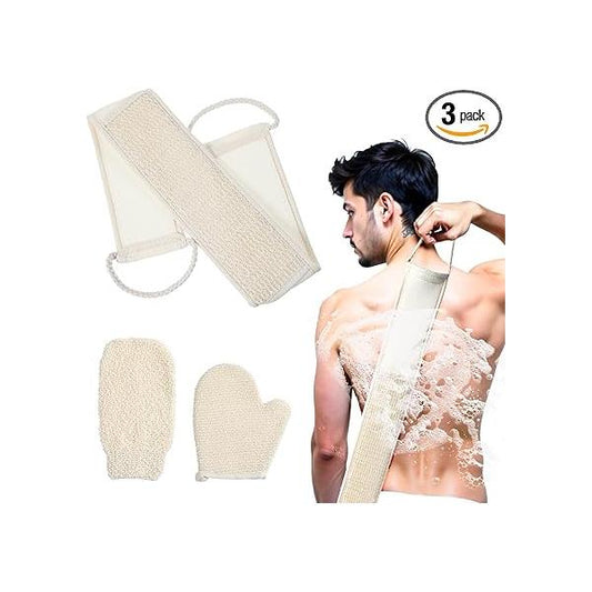 3 Pack Natural Loofah Sponge Exfoliating Body Scrubber Set Shower Bath Glove Long Washcloth Towels Luffa Pads Mitts for Men and Women Back Deep Clean Remove Dead Skin