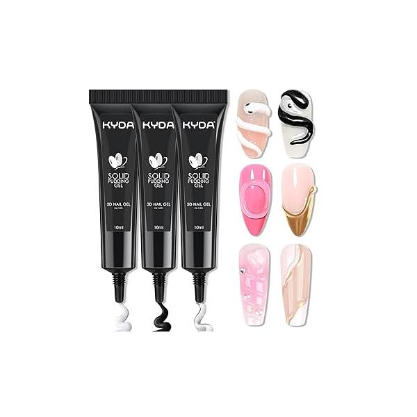KYDA 3 Pcs 10ml 3D Sculpting Nail Gel, 3-in-1 Sculpture Art Gel for Carving Painting and Molding, Rhinestone Glue Gems Diamond Jewelry Decoration, Clear+Black+White