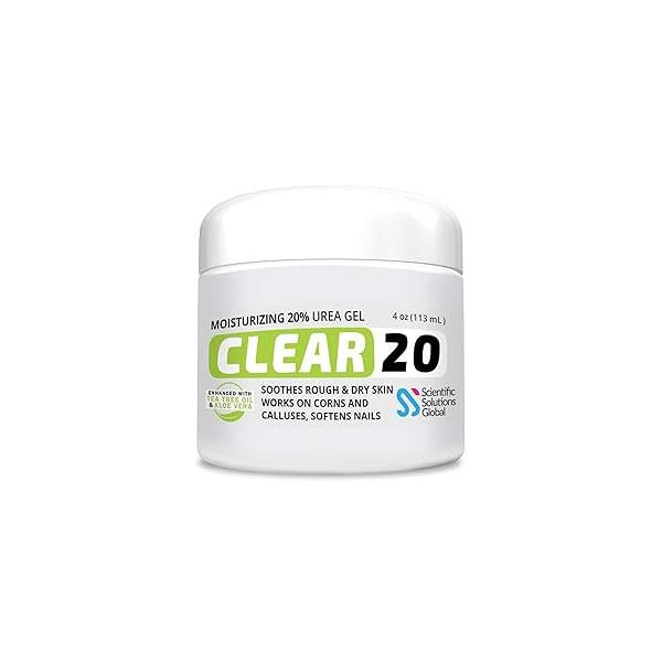 CLEAR 20, 20% Urea Gel, 4 oz w/ Tea Tree & Coconut Oil, Aloe Vera Extract, Callus Corn Remover Moisturizes Softens Cracked Heels, Feet, Elbows, Hands, Nails, Superior hydration to Creams