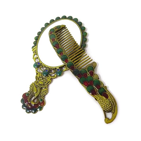 yueton 5 Inch Russian Style Embossing Vintage Oval Make-Up Mirror Hand Held Table Dress Decoration Spreading Tail Peacock Antique Bronze