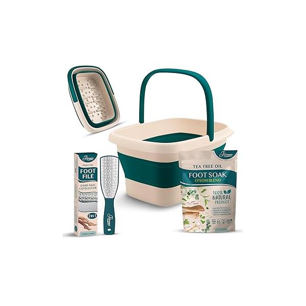 Fivona Foot Care Kit 3 in 1 - Soak Blend with Epsom Salt, Tea Tree and Essential Oils Collapsible Basin Dual Action File