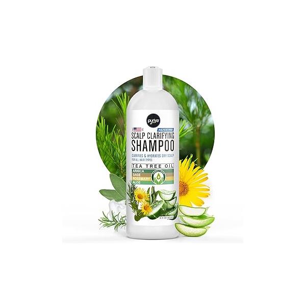 Puriya Tea Tree Clarifying Shampoo. Plant Rich Dry Itchy Scalp Relief, for Kids, Adults, Sulfate Free, No Harsh Chemicals Seen in Dandruff Treatment, Seborrheic Dermatitis, Psoriasis Shampoo, 16 oz