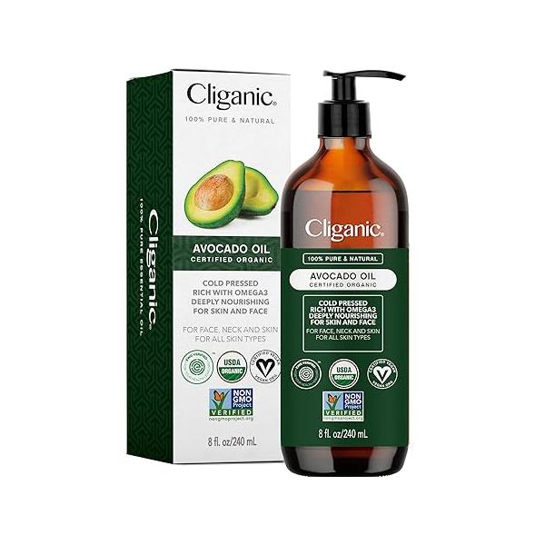 Cliganic Organic Avocado Oil, 100% Pure (8oz) - for Skin & Hair, Nourishing Carrier Oil Face Body