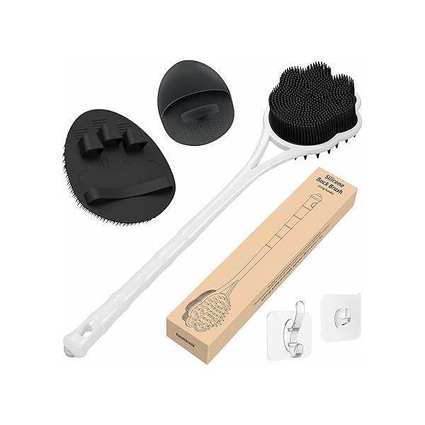 Manmihealth 15.7" Cute Silicone Back Scrubber & Soft Shower Brush Face Set (3 PCS), Paw-Shaped Body Facial with Super-Soft Bristles Combination(PinkSet)