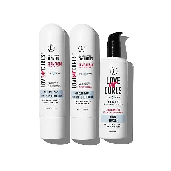 Love Ur Curls Fragrance Free Shampoo and Conditioner Set with All in One Curl Cream Styler for Curly Hair, 3 Step System to Repair, 200 mL