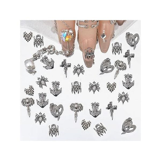 56PCS Nail Charms,Retro Metal Spider Charms Heart for Nails Accessories, Snake Women Girl Making Crafts DIY Manicure