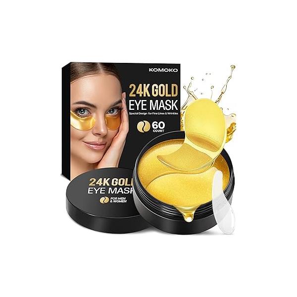 Komoko 30-Pairs 24K Gold Under Eye Patches, Skin Care, Golden Mask Anti-Aging Collagen & Amino Acid, for Removing Dark Circles, Puffiness and Wrinkles, Refresh Your