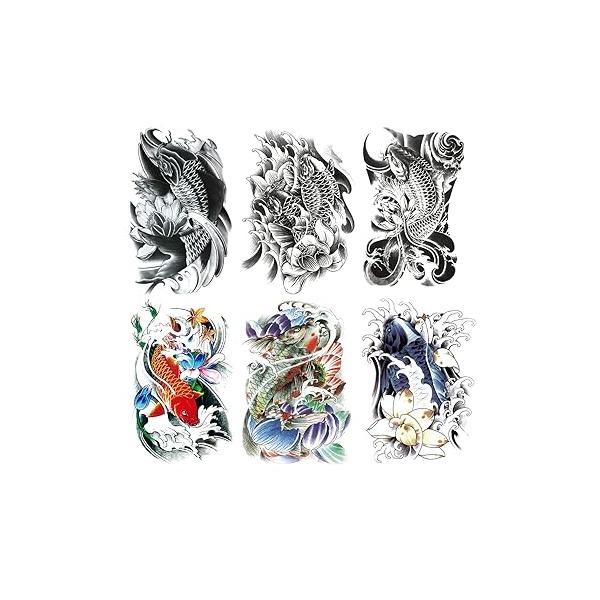6 Sheets Temporary Tattoos Large Koi Fish Body Sticker for Men Women Waterproof Fake