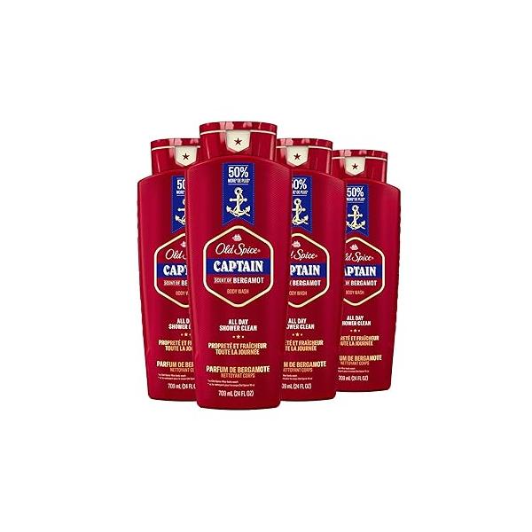 Old Spice Refreshing Body Wash for Men, 3X Defense, 24/7 Shower Fresh with Long Lasting Scent, Red Collection, Captain Bergamot 24 oz (Pack of 4)