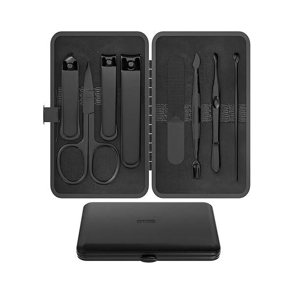Precision 8 Pieces Men’s Nail Grooming Travel Kit, Stainless Steel Manicure Set with Fingernail & Toenail Clippers, File, Slant Tip Tweezers, Cuticle Scissors, Pusher, Case