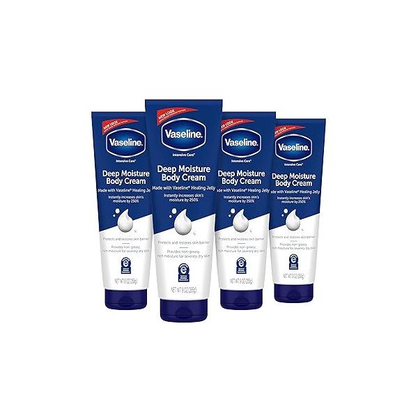 Vaseline Intensive Care Body Cream Deep Moisture 4 pk with Healing Petroleum Jelly & Vitamin E Rich Smooth for Dry Skin 9 oz