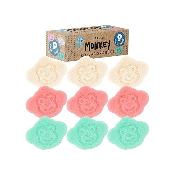 Impresa [9 Pack] Konjac Baby Bath Sponge Set for Sensitive Skin - Safe and Natural Infant Time Bathing with String Hanging & Extra Grip Newborn