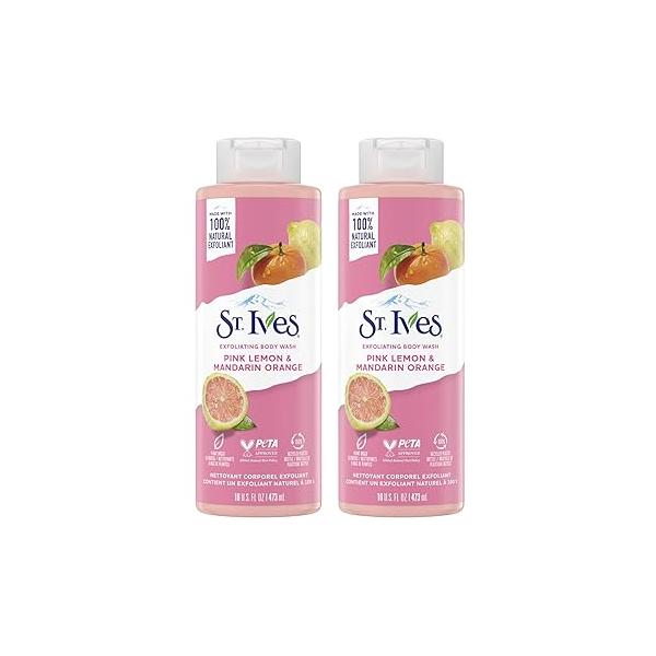 St. Ives Exfoliating Body Wash, Pink Lemon & Mandarin Orange 2-Pack - Made with 100% Natural Exfoliants for Glowing Skin, 16 Oz Ea