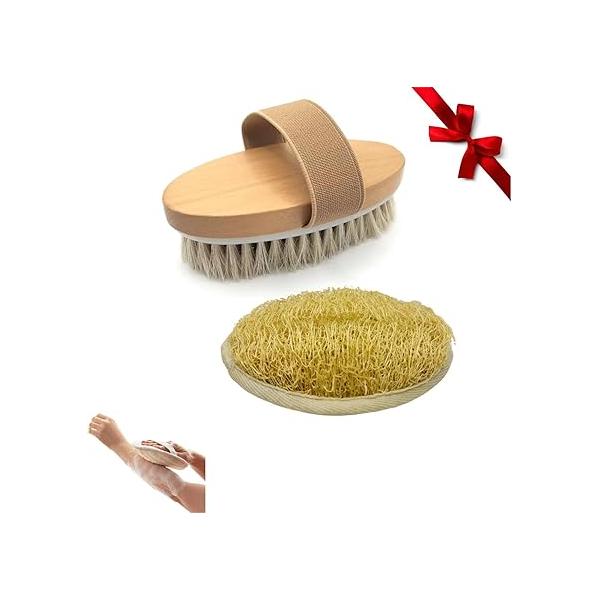 DAKOUDDAI Body Brush Set Include Soft Natural and Loofah, for Wet Dry Brushing, Exfoliating Massaging Skin, Cellulite Treatment, Lymphatic Drainage Blood Circulation Improvement