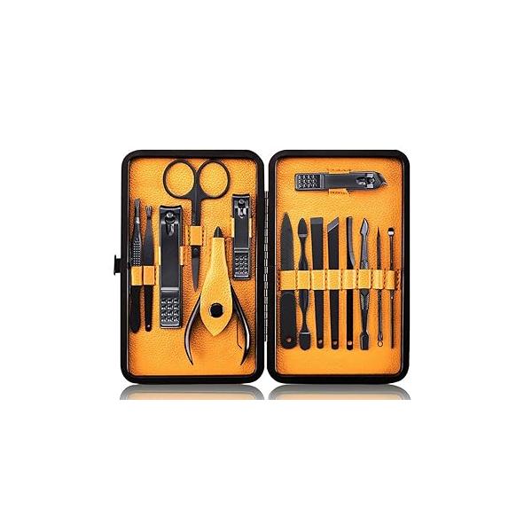 Professional Stainless Steel Nail Clipper Travel & Grooming Kit Tools Manicure Pedicure Set of 15pcs with Luxurious Case (Black/Yellow)