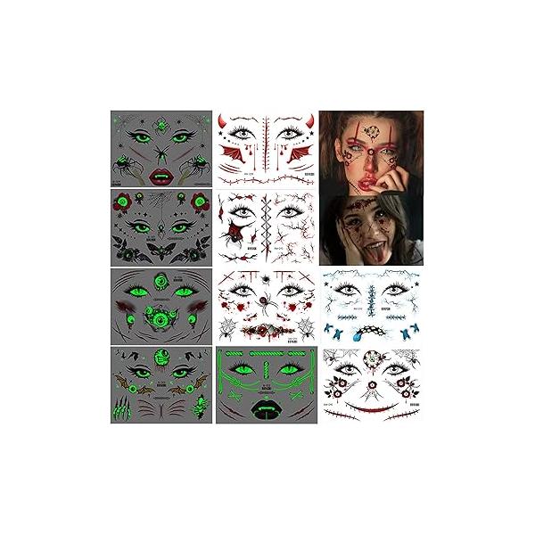 Temporary Tattoos 10 Sheets, Glow in the Dark Tattoo for Face Body Art, Kids Adults Halloween Festival Party Carnival, Spider Stickers