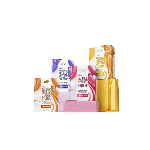 Dove Plant Milk Cleansing Bar Soap Variety Pack 4 for Moisturized Skin, with Gentle Cleansers, No Sulfate Cleansers or Parabens, 98% Biodegradable Formula, 5 oz